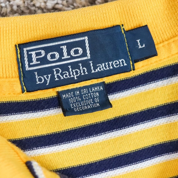 Polo Ralph Lauren Polo Shirt Mens L Yellow Navy Blue White Striped Cotton Pique - Picture 4 of 10